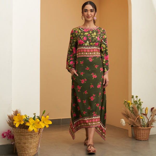 Mehandi Green Floral Flared Sleeves Dress