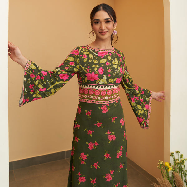 Mehandi Green Floral Flared Sleeves Dress