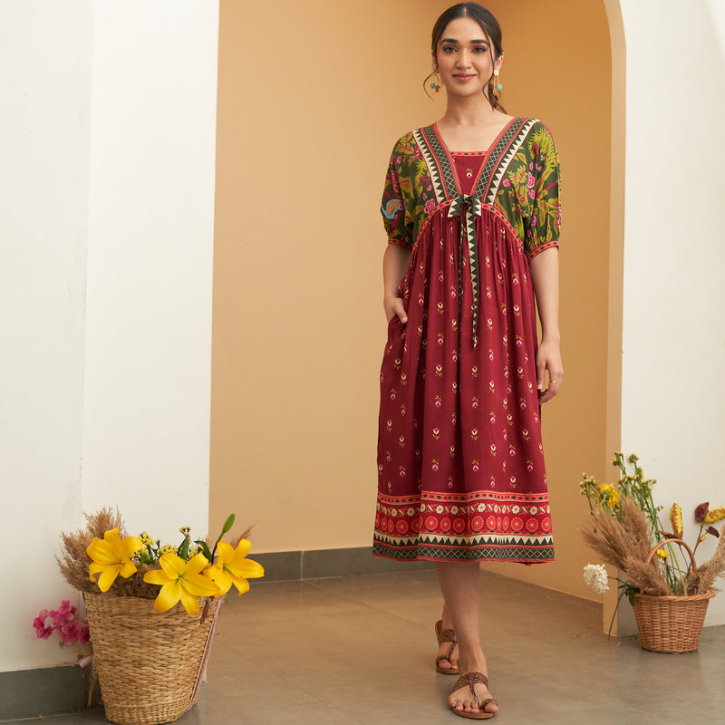 Maroon Green V Neck Gathered Dress With Tie Up