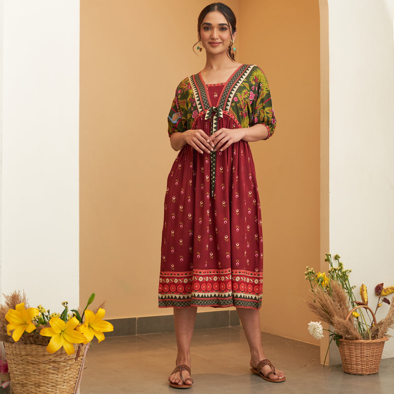 Maroon Green V Neck Gathered Dress With Tie Up