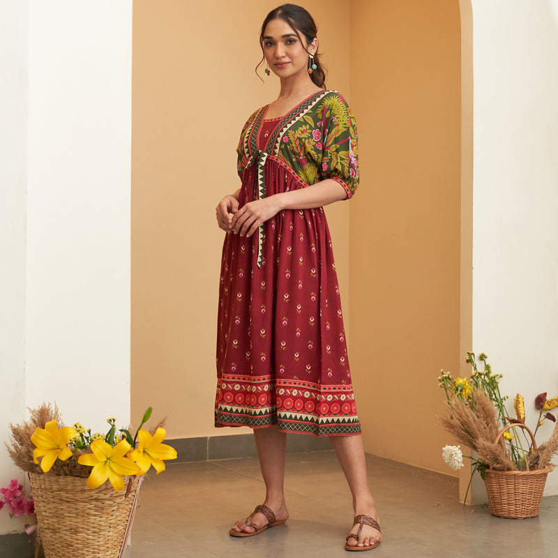 Maroon Green V Neck Gathered Dress With Tie Up