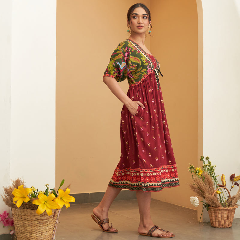 Maroon Green V Neck Gathered Dress With Tie Up