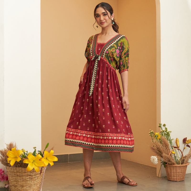 Maroon Green V Neck Gathered Dress With Tie Up