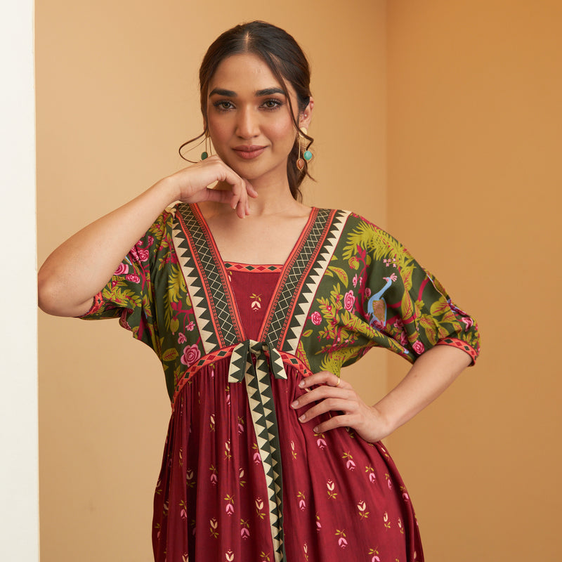 Maroon Green V Neck Gathered Dress With Tie Up