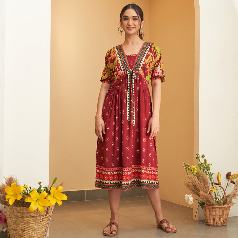 Maroon V Neck Gathered Dress With Tie Up