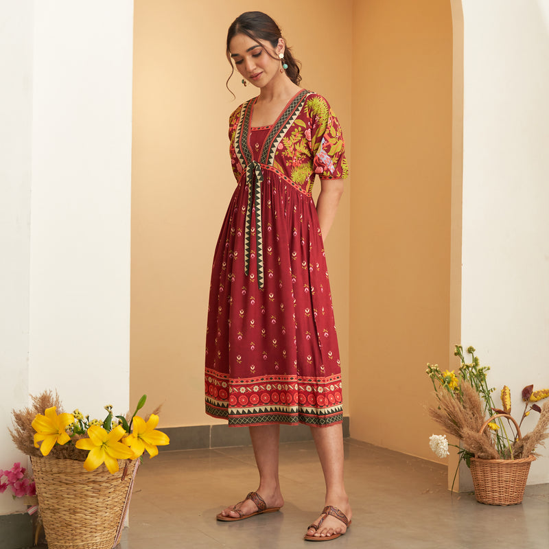 Maroon V Neck Gathered Dress With Tie Up