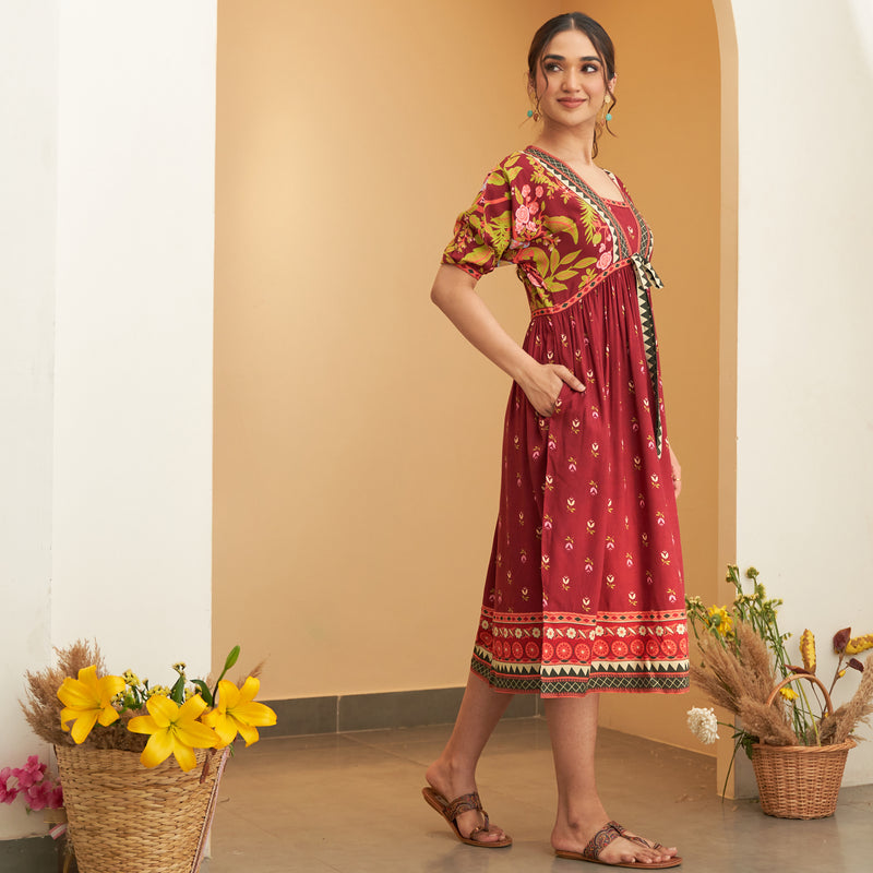 Maroon V Neck Gathered Dress With Tie Up