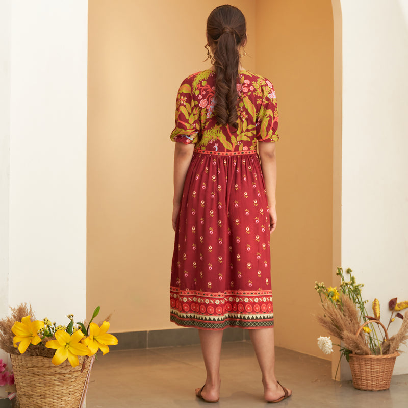 Maroon V Neck Gathered Dress With Tie Up