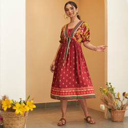 Maroon V Neck Gathered Dress With Tie Up