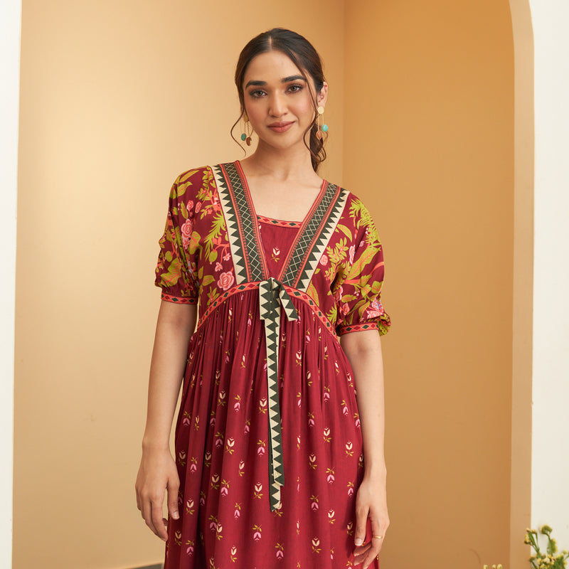 Maroon V Neck Gathered Dress With Tie Up