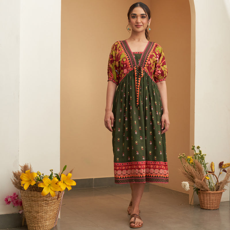 Emerald Green V Neck Gathered Dress With Tie Up