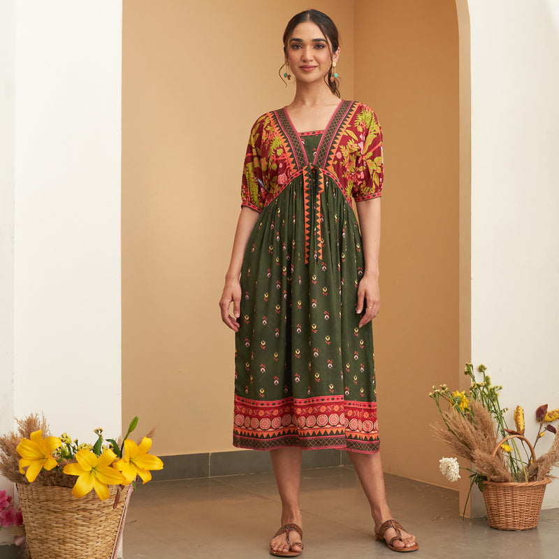 Emerald Green V Neck Gathered Dress With Tie Up