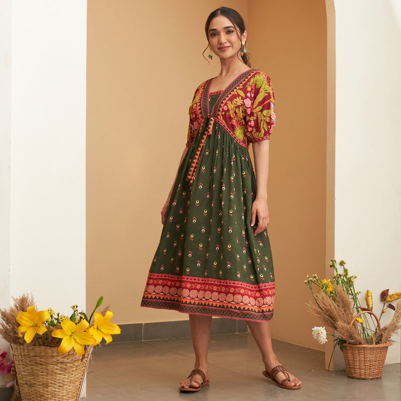 Emerald Green V Neck Gathered Dress With Tie Up