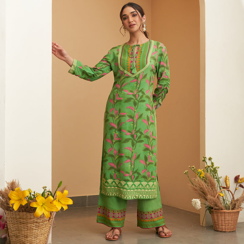 Parrot Green Leaf Printed Kurta Pant Set with Gathered Sleeves