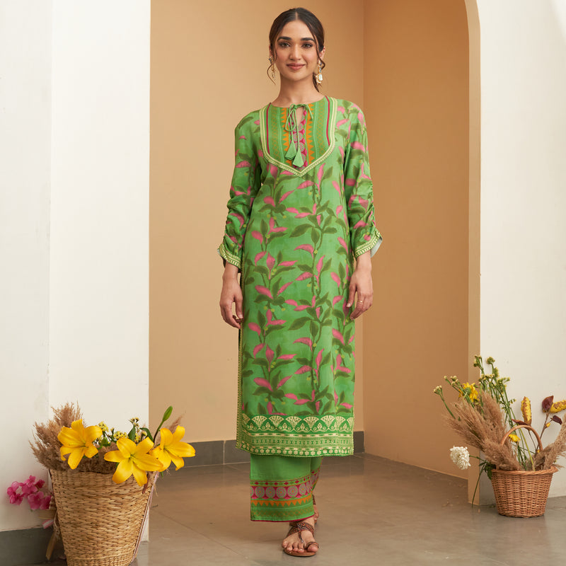 Parrot Green Leaf Printed Kurta Pant Set with Gathered Sleeves