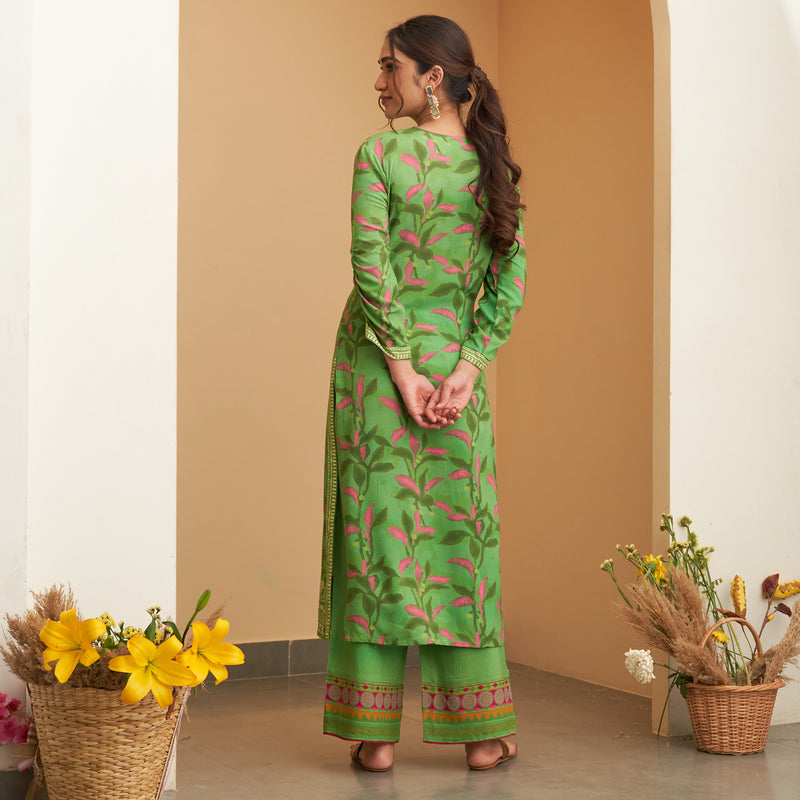 Parrot Green Leaf Printed Kurta Pant Set with Gathered Sleeves