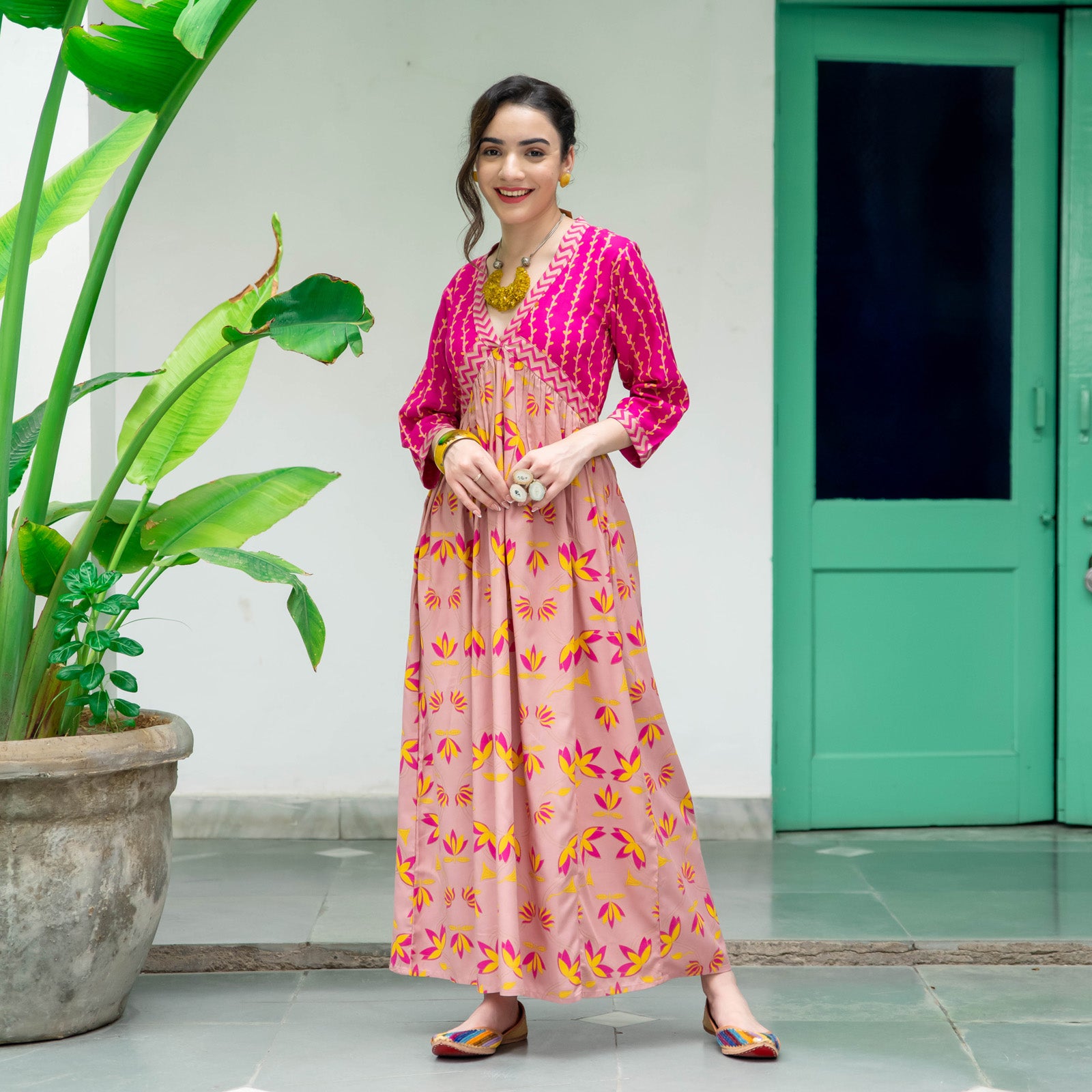 Buy Baby Pink & Hot Pink V Neck Lotus Alia Cut Dress | Rustorange