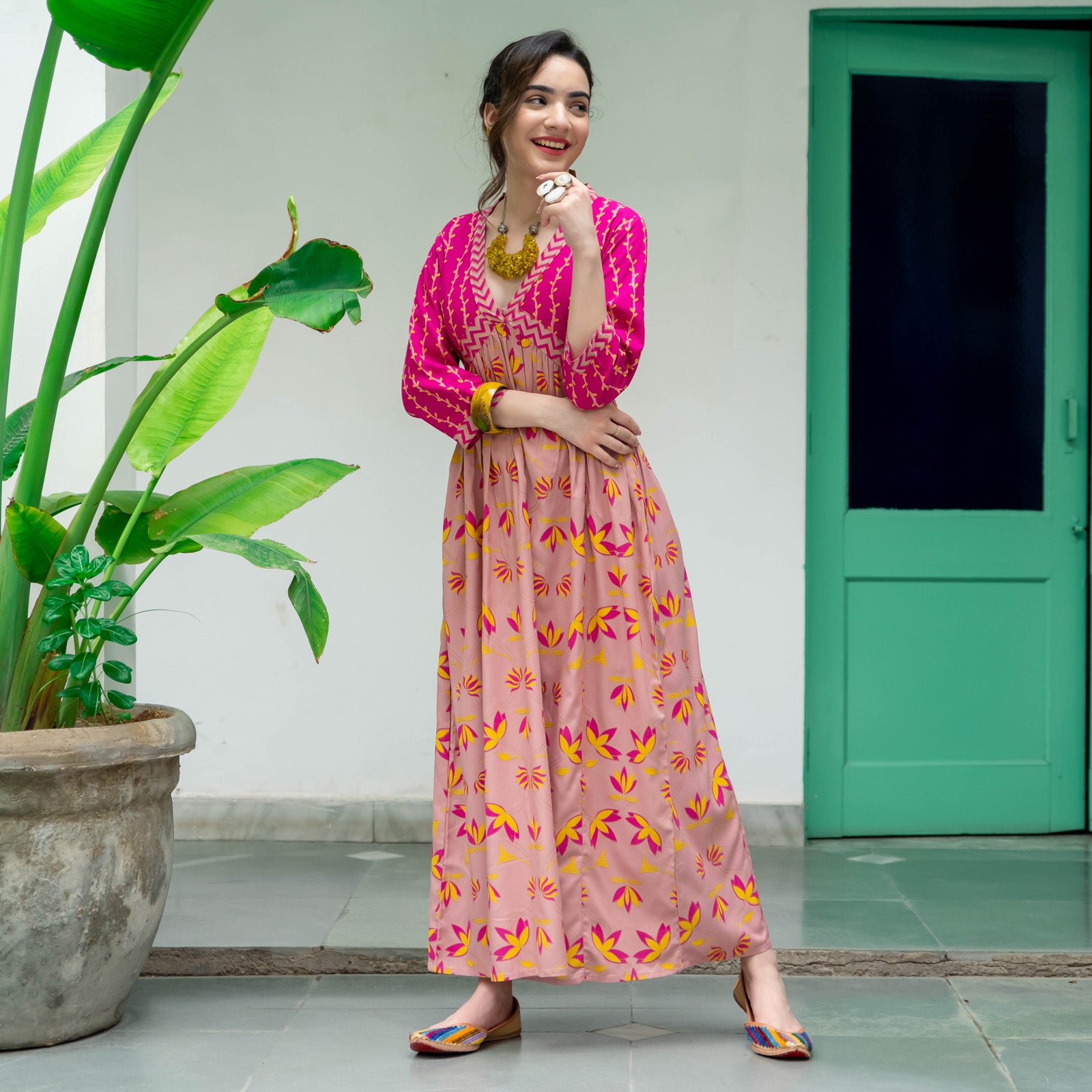 Buy Baby Pink & Hot Pink V Neck Lotus Alia Cut Dress