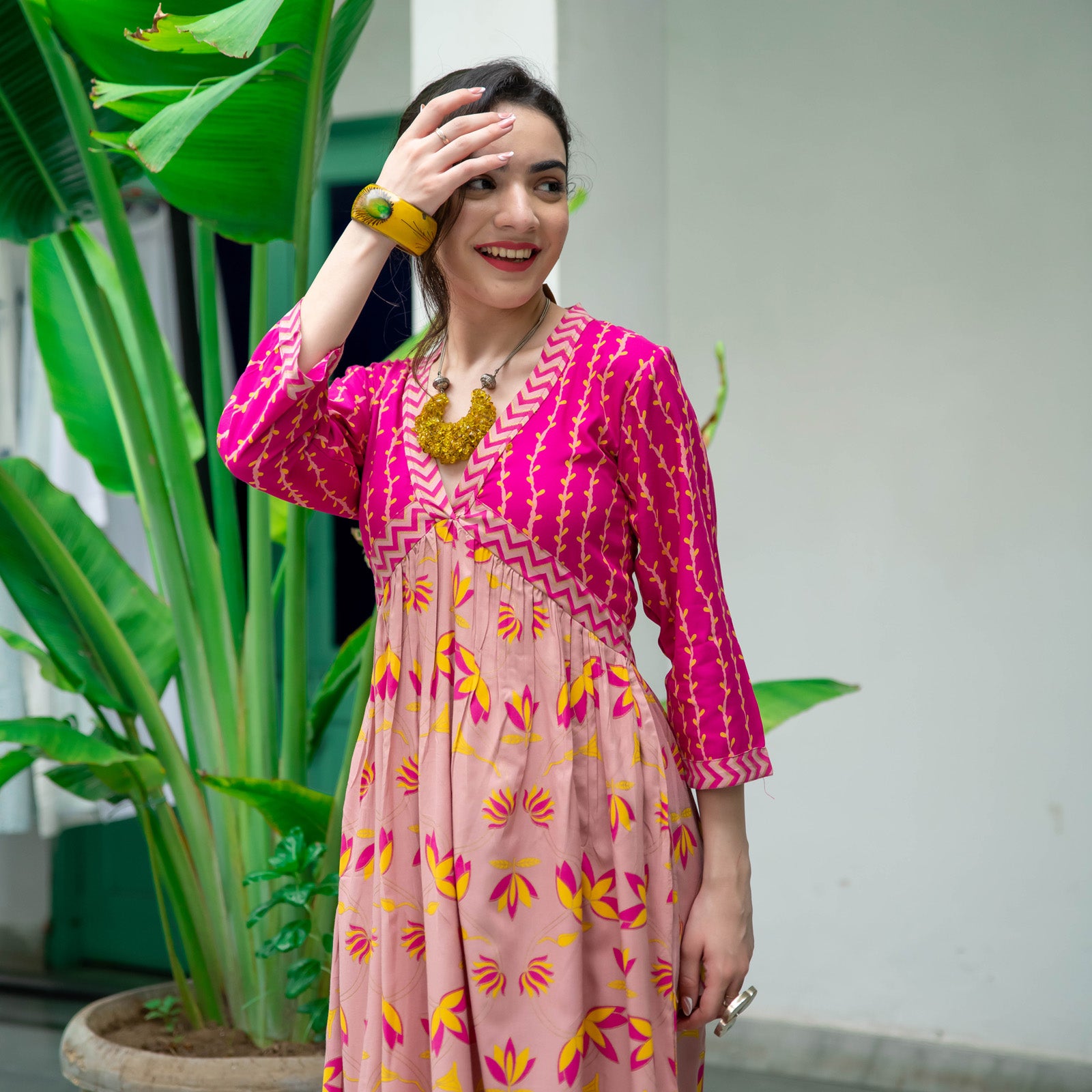 Buy Baby Pink & Hot Pink V Neck Lotus Alia Cut Dress