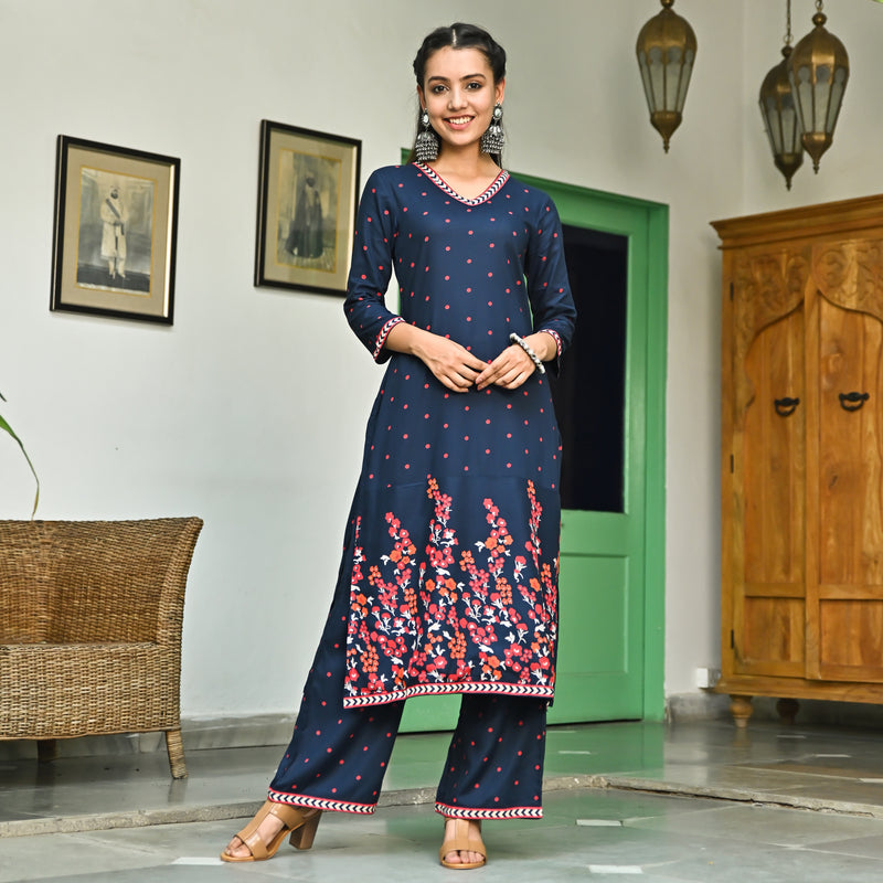 Indigo V Neck Polka Kurta Pant Set