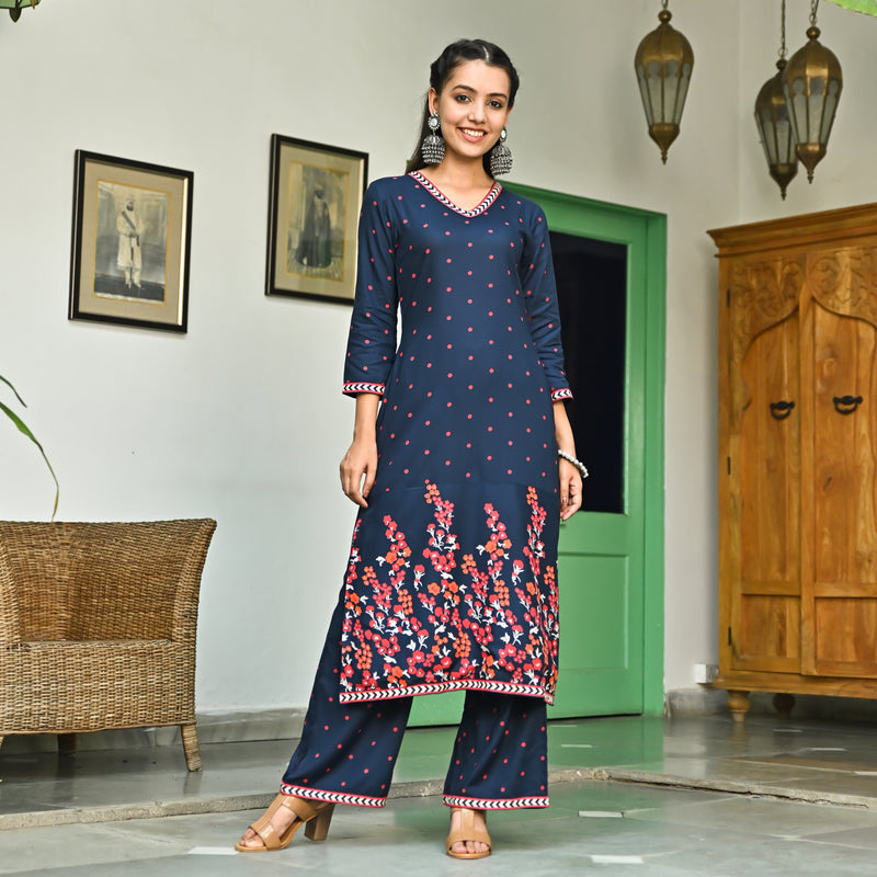 Indigo V Neck Polka Kurta Pant Set