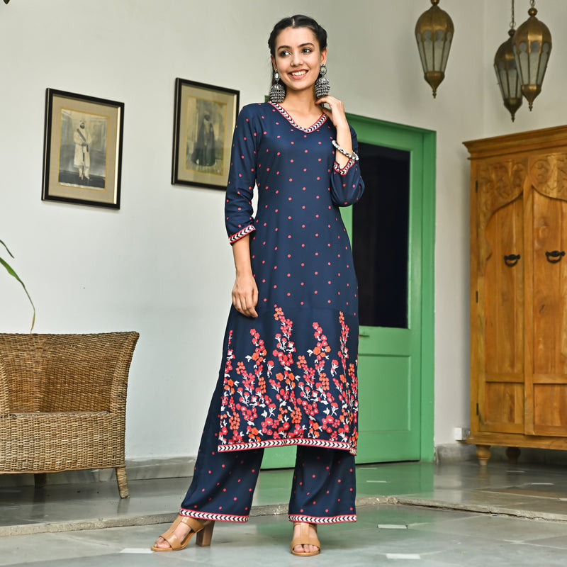 Indigo V Neck Polka Kurta Pant Set