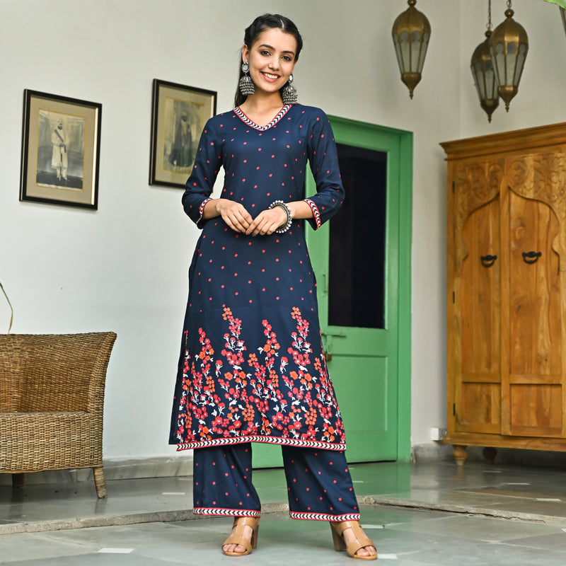 Indigo V Neck Polka Kurta Pant Set
