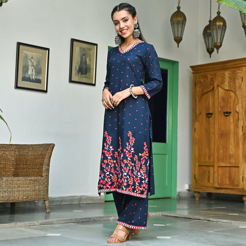 Indigo V Neck Polka Kurta Pant Set