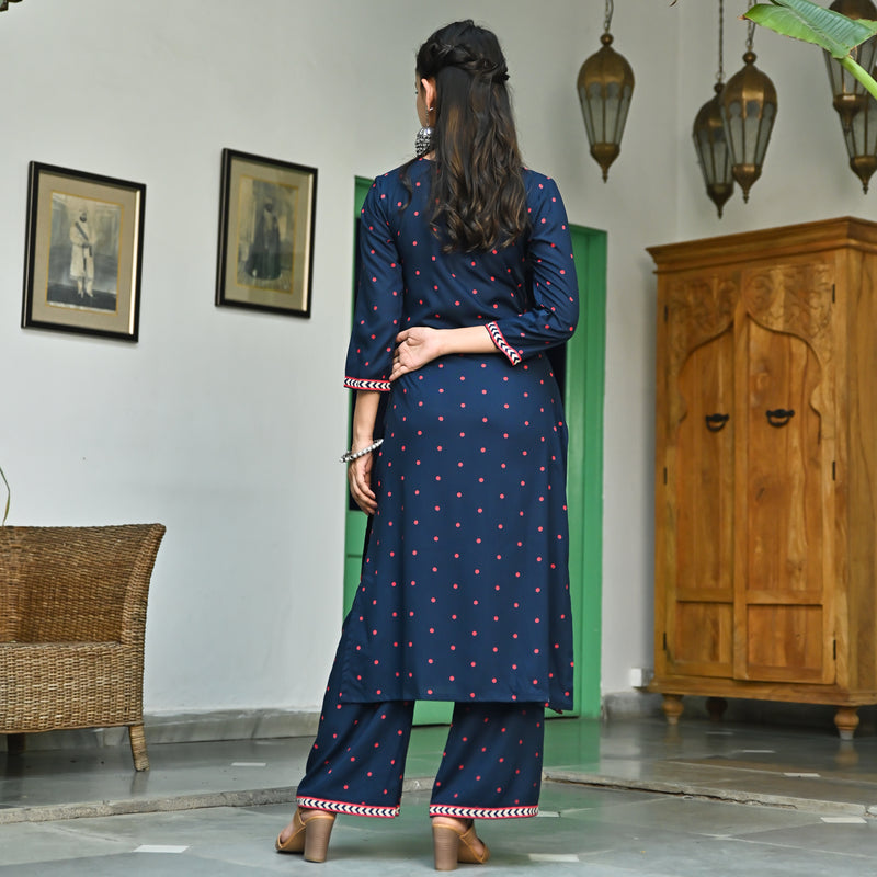 Indigo V Neck Polka Kurta Pant Set