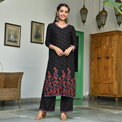 Black V Neck Polka Kurta Pant Set