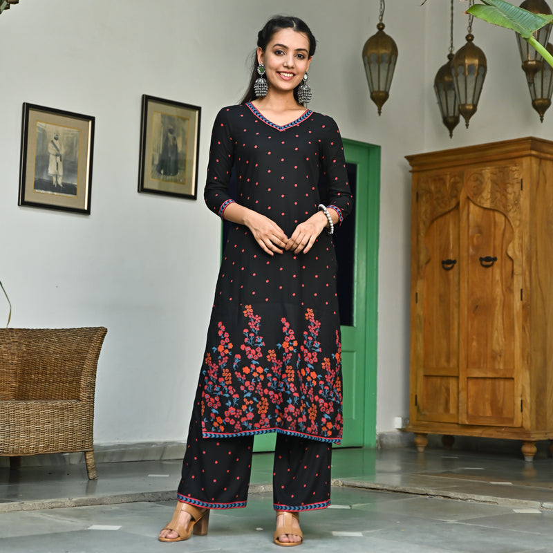 Black V Neck Polka Kurta Pant Set