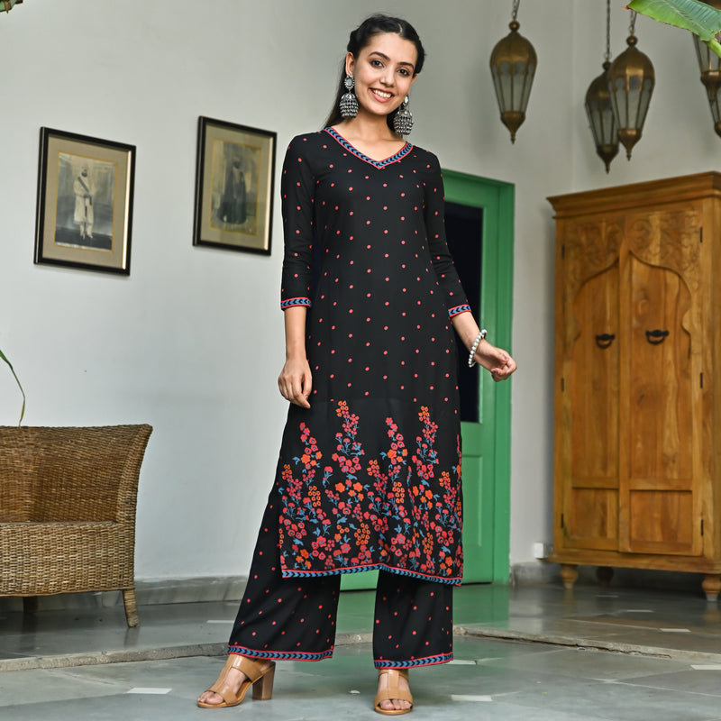 Black V Neck Polka Kurta Pant Set