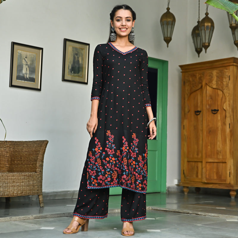 Black V Neck Polka Kurta Pant Set