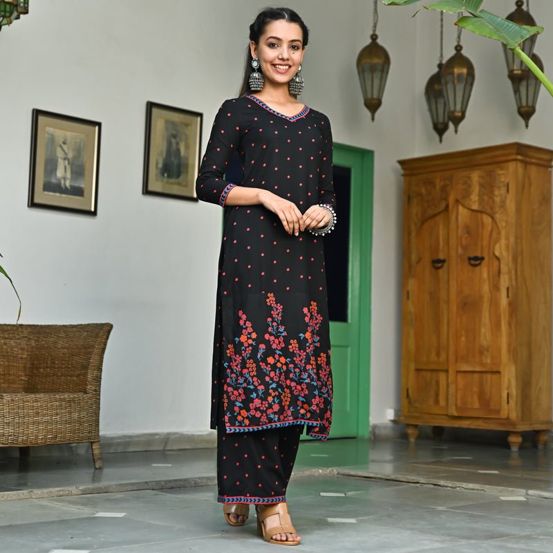 Black V Neck Polka Kurta Pant Set