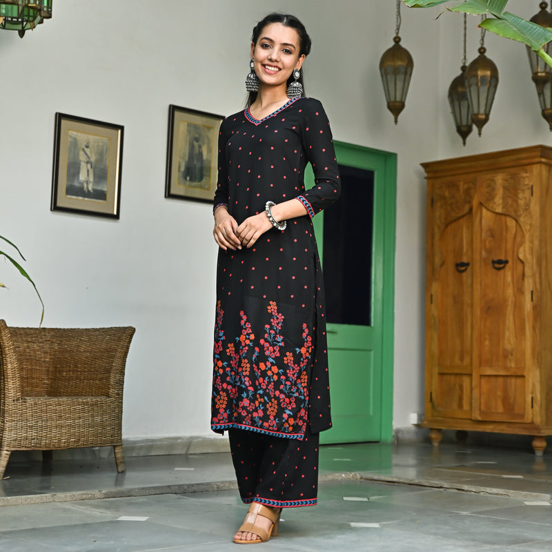 Black V Neck Polka Kurta Pant Set