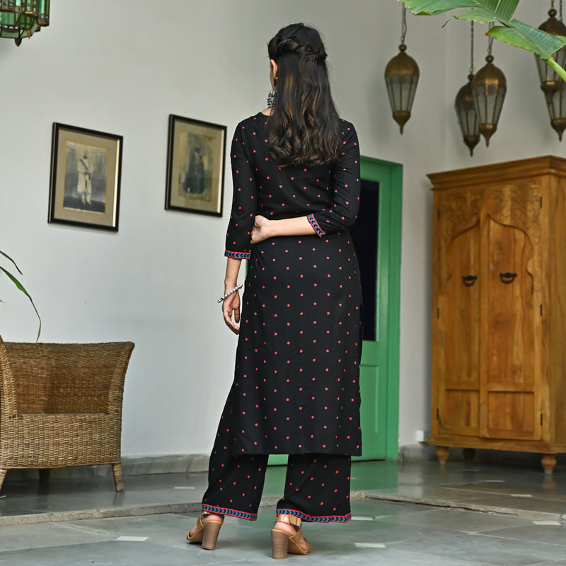 Black V Neck Polka Kurta Pant Set