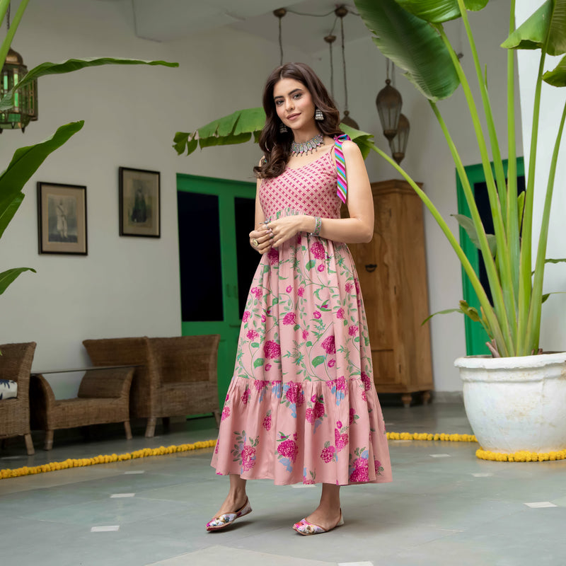 Baby Pink Floral Frill Dress with Shoulder Strap & Knot Details