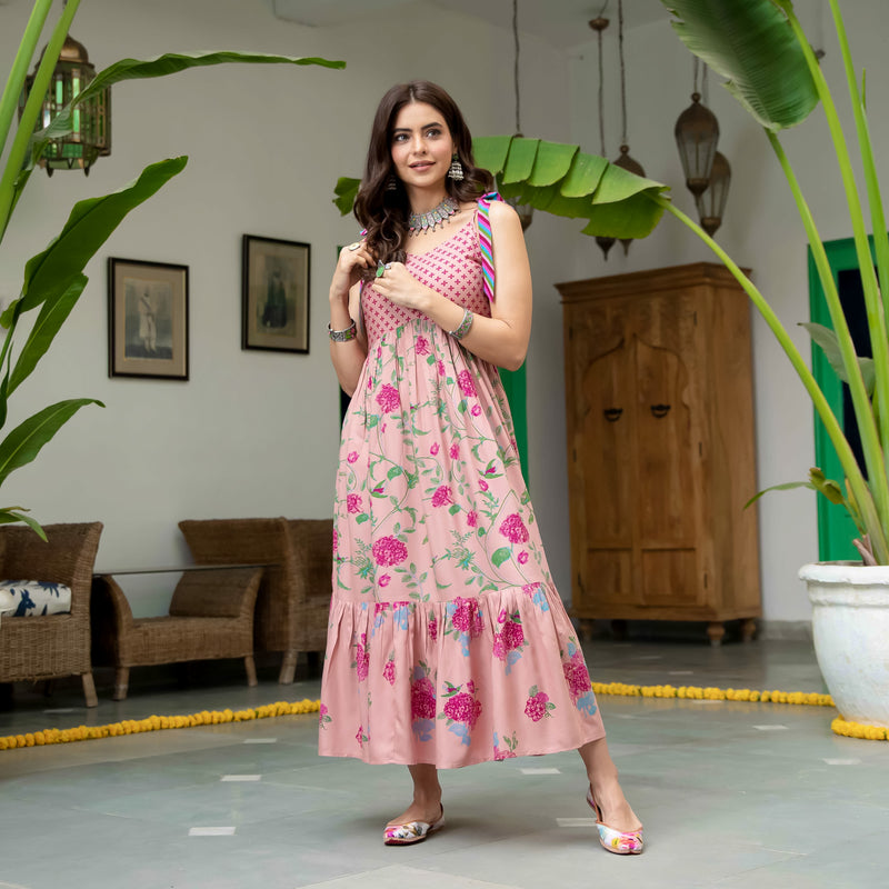 Baby Pink Floral Frill Dress with Shoulder Strap & Knot Details