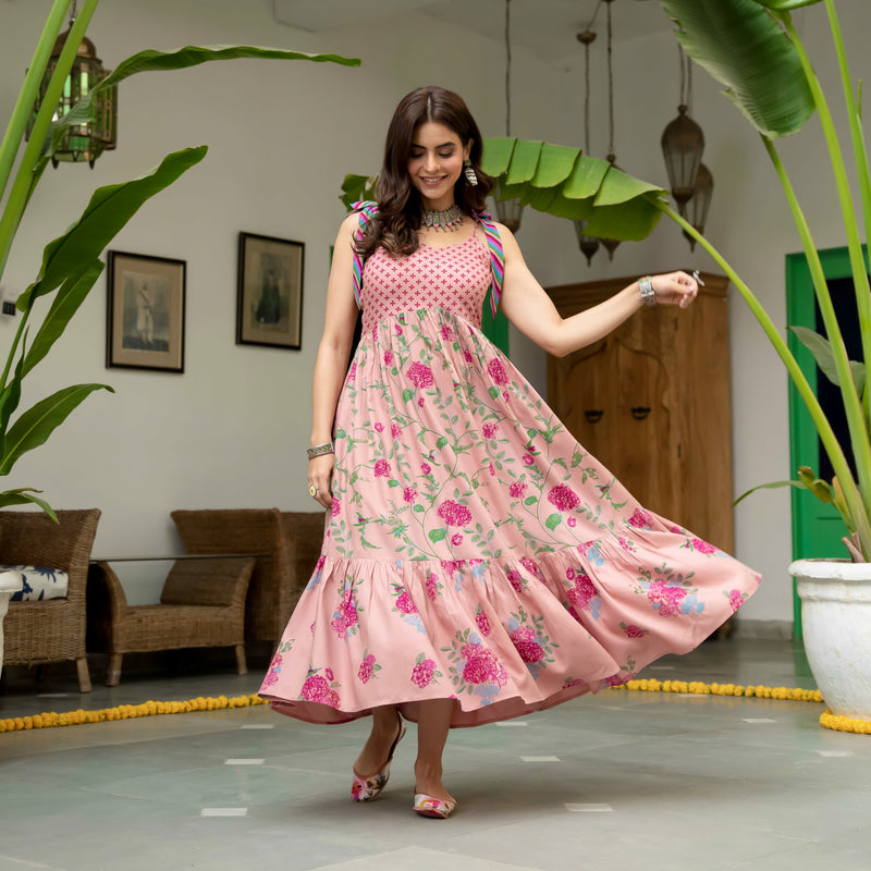 Baby Pink Floral Frill Dress with Shoulder Strap & Knot Details ...