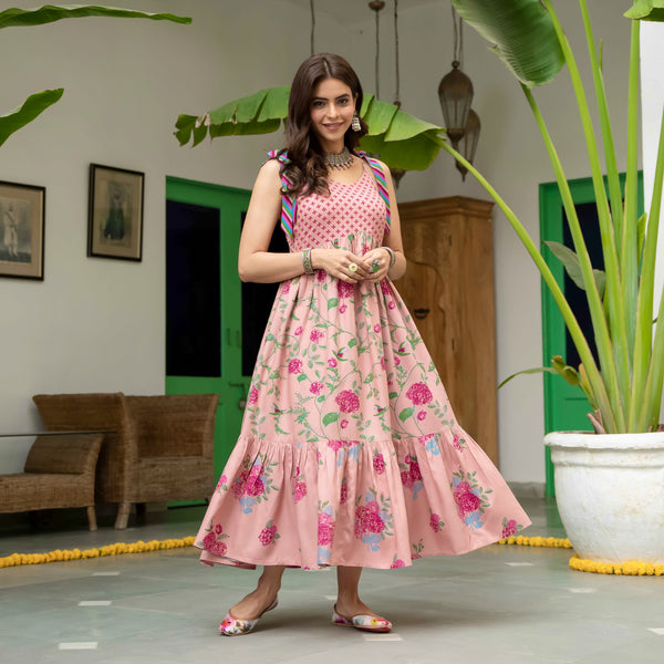 Baby Pink Floral Frill Dress with Shoulder Strap & Knot Details