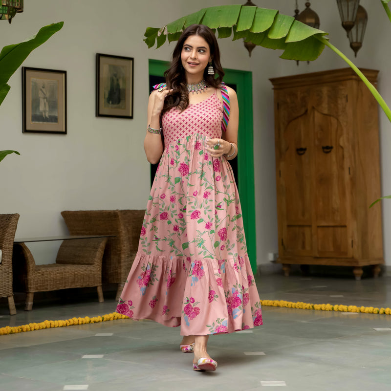 Baby Pink Floral Frill Dress with Shoulder Strap & Knot Details