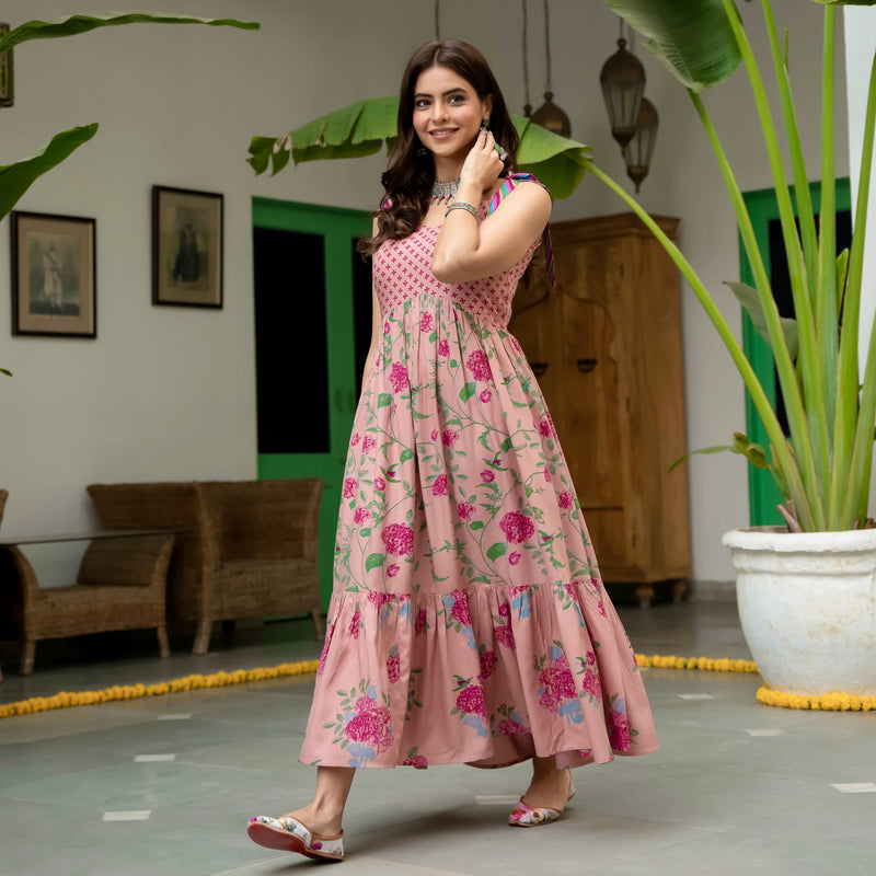 Baby Pink Floral Frill Dress with Shoulder Strap & Knot Details