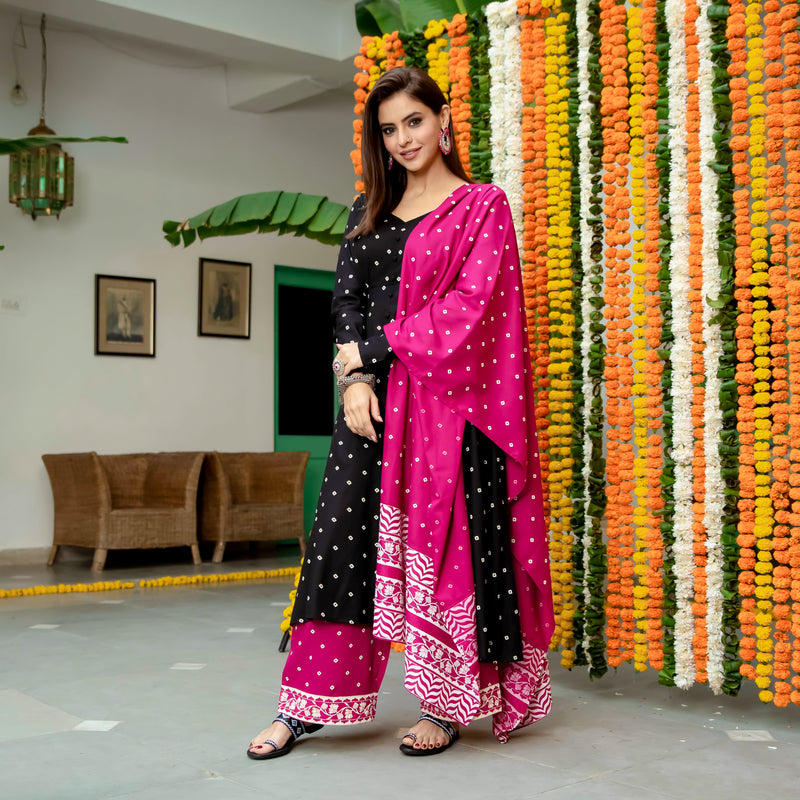 Black & Pink Buttoned Kurta Dupatta Pant Set with Pompoms