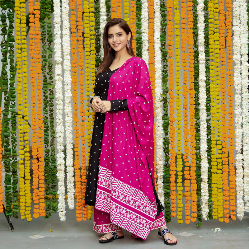 Black & Pink Buttoned Kurta Dupatta Pant Set with Pompoms