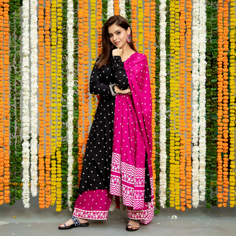 Black & Pink Buttoned Kurta Dupatta Pant Set with Pompoms