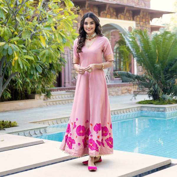 Baby Pink V Neck Dress With Gota Details