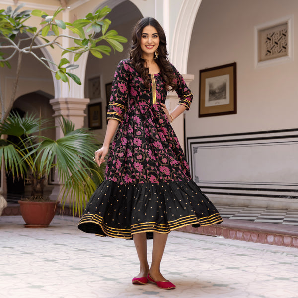 Black Lotus & Polka Frill Dress with Gota Details