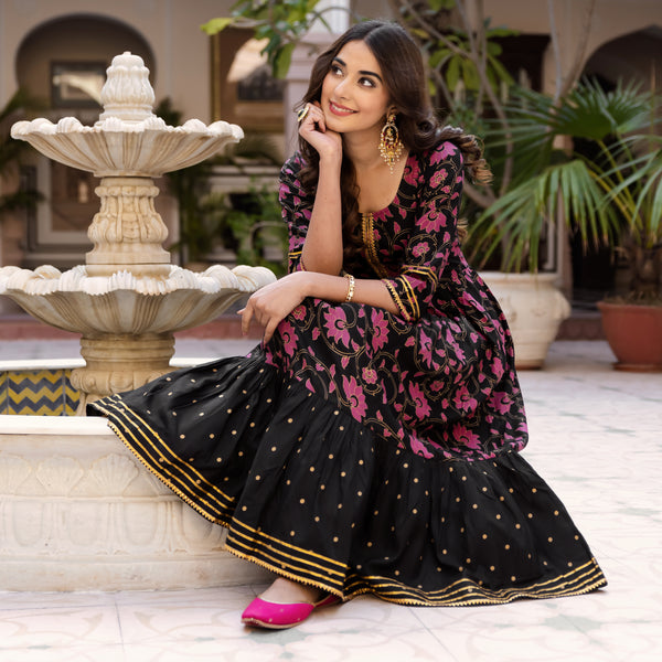 Black Lotus & Polka Frill Dress with Gota Details