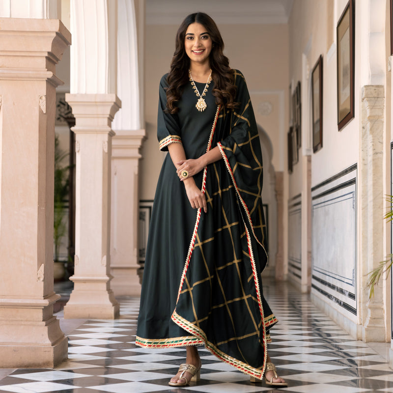 Emerald Green Long Kurta Dress with Gota Detailed Dupatta