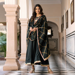 Emerald Green Long Kurta Dress with Gota Detailed Dupatta